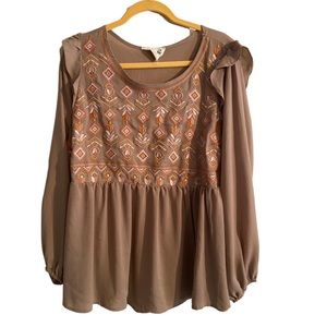 Savanna Jane Womens 1X Tan/Orange L/S Embroidered Babydoll Blouse w/ruffles